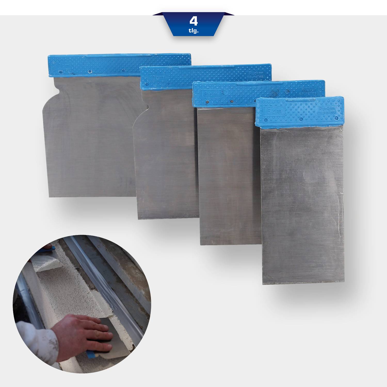 Ensemble de quatre truelles de plâtrage avec des manches bleus. L'image ronde montre l'utilisation de la truelle pour l'application du plâtre.