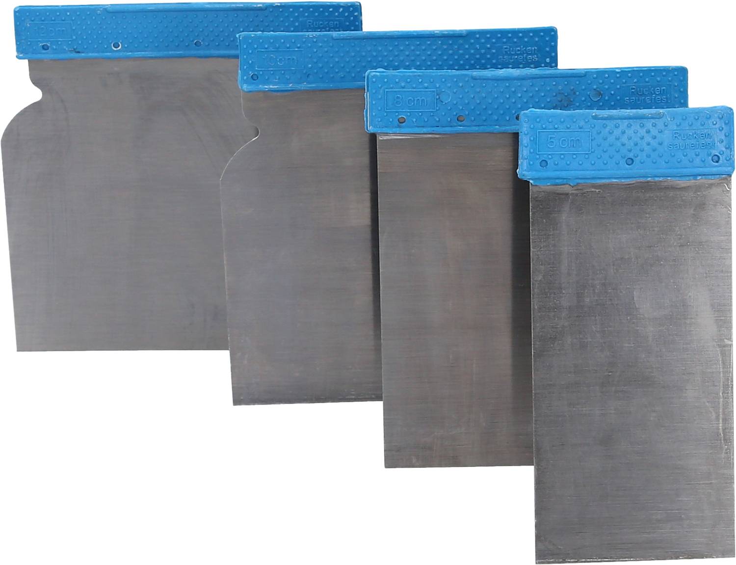 Quatre couteaux à tapisser avec des poignées bleues côte à côte, adaptés pour des travaux de découpe de papier peint.