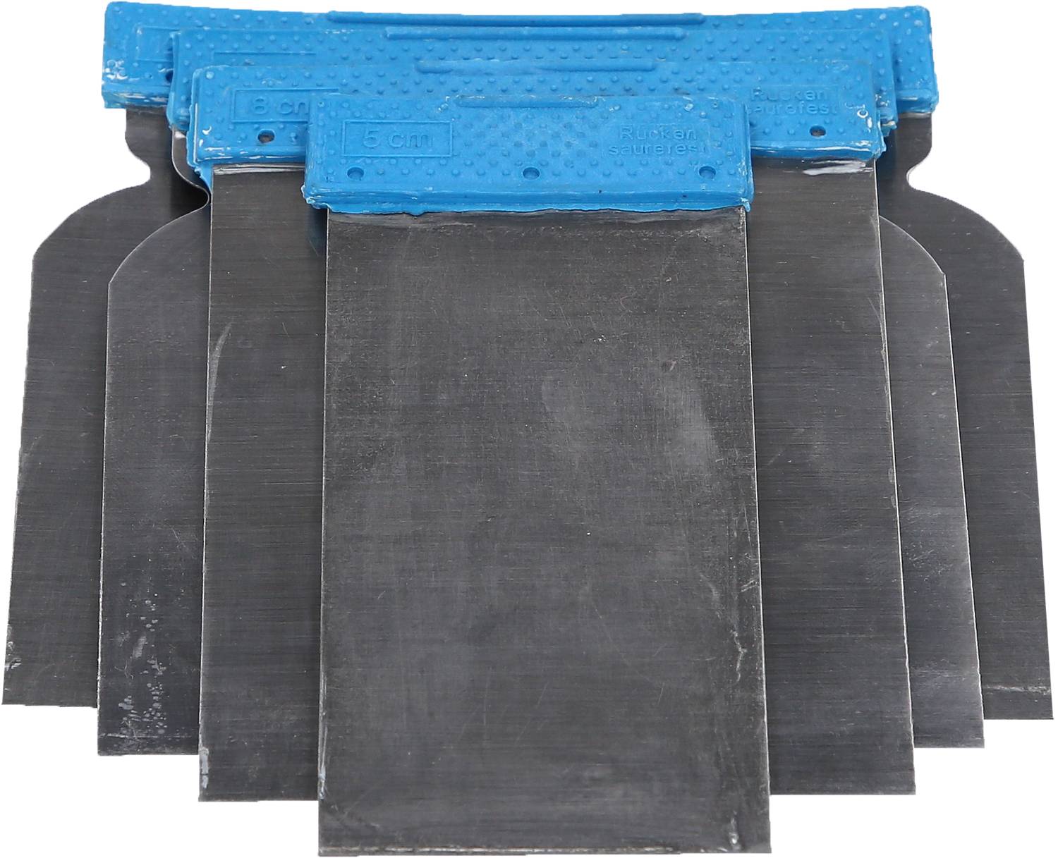 Pile de cinq spatules de différentes tailles, dotées d'une poignée en plastique bleu, conçues pour l'application de masses de jointoiement.