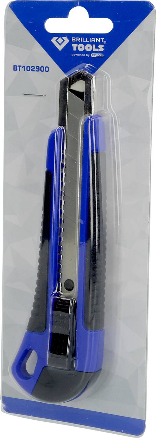 Couteau à découper BT102900 de Brilliant Tools en emballage plastique, bleu et noir.