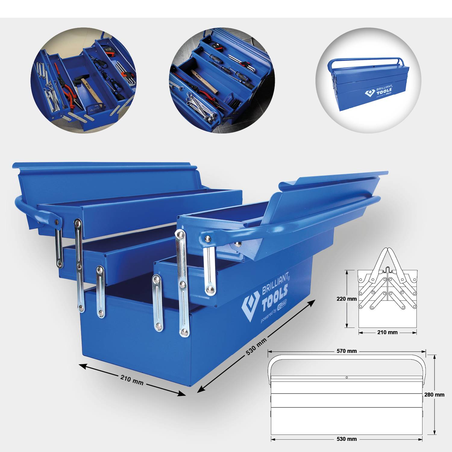 Boîte à outils bleue, ouverte, avec différents compartiments et outils ; dimensions : 550 mm x 210 mm. Le diagramme montre la répartition des compartiments.