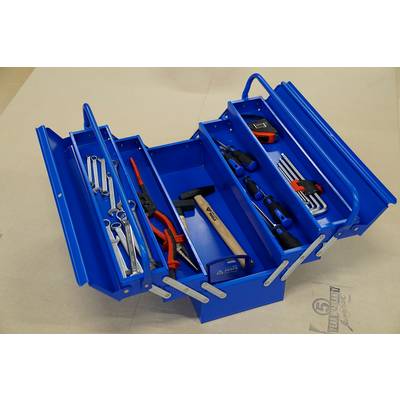 Une boîte à outils bleue ouverte contenant divers outils tels que des clés, des pinces, un marteau et des tournevis.
