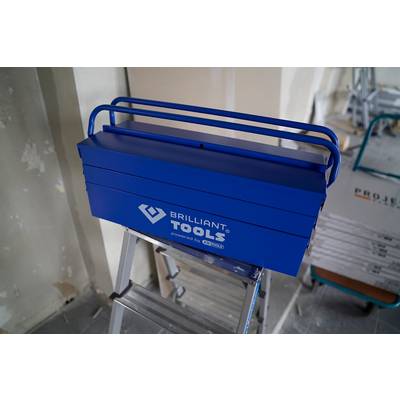Une boîte à outils bleue portant l'inscription 'Brilliant Tools' est posée sur une échelle dans une pièce inachevée.