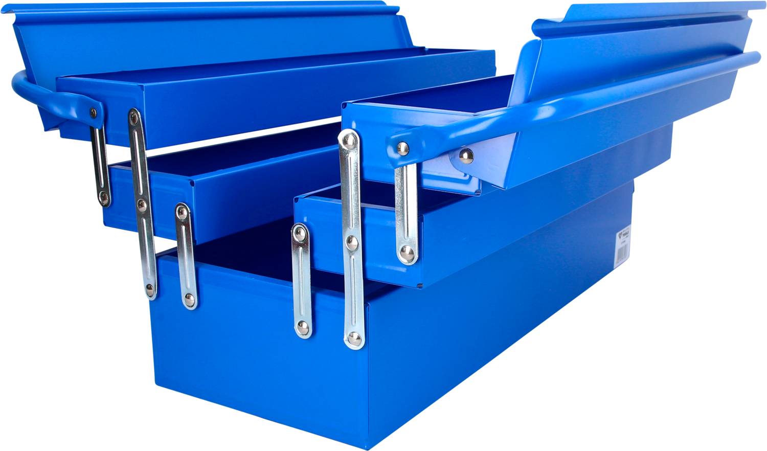 Une boîte à outils bleue ouverte avec plusieurs compartiments permettant d'organiser et de ranger divers outils.
