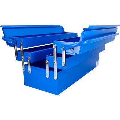 Une boîte à outils bleue ouverte avec plusieurs compartiments permettant d'organiser et de ranger divers outils.
