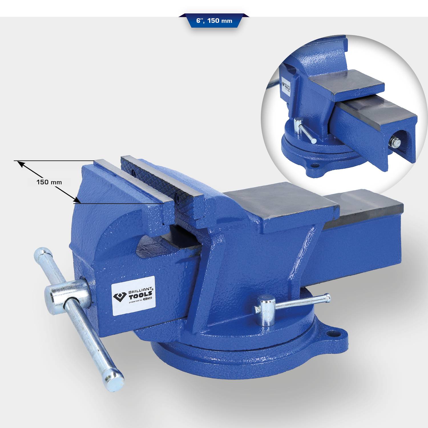 Étau bleu, largeur 150 mm, avec vue latérale détaillée. Marque 'Brilliant Tools'. Parfait pour fixer solidement des pièces de travail.