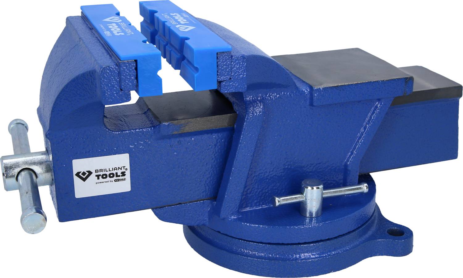 Étau bleu en métal avec base inférieure fixe et base pivotante. Adapté pour maintenir des pièces pendant l'usinage.