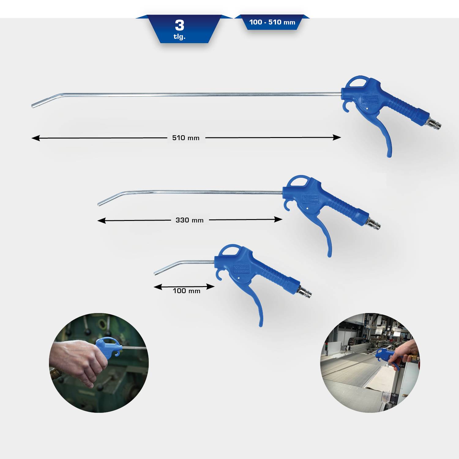 Ensemble de pistolets de soufflage à air comprimé avec trois tailles : longueurs de buses de 510 mm, 330 mm, 100 mm. Utilisés pour des travaux de nettoyage précis.