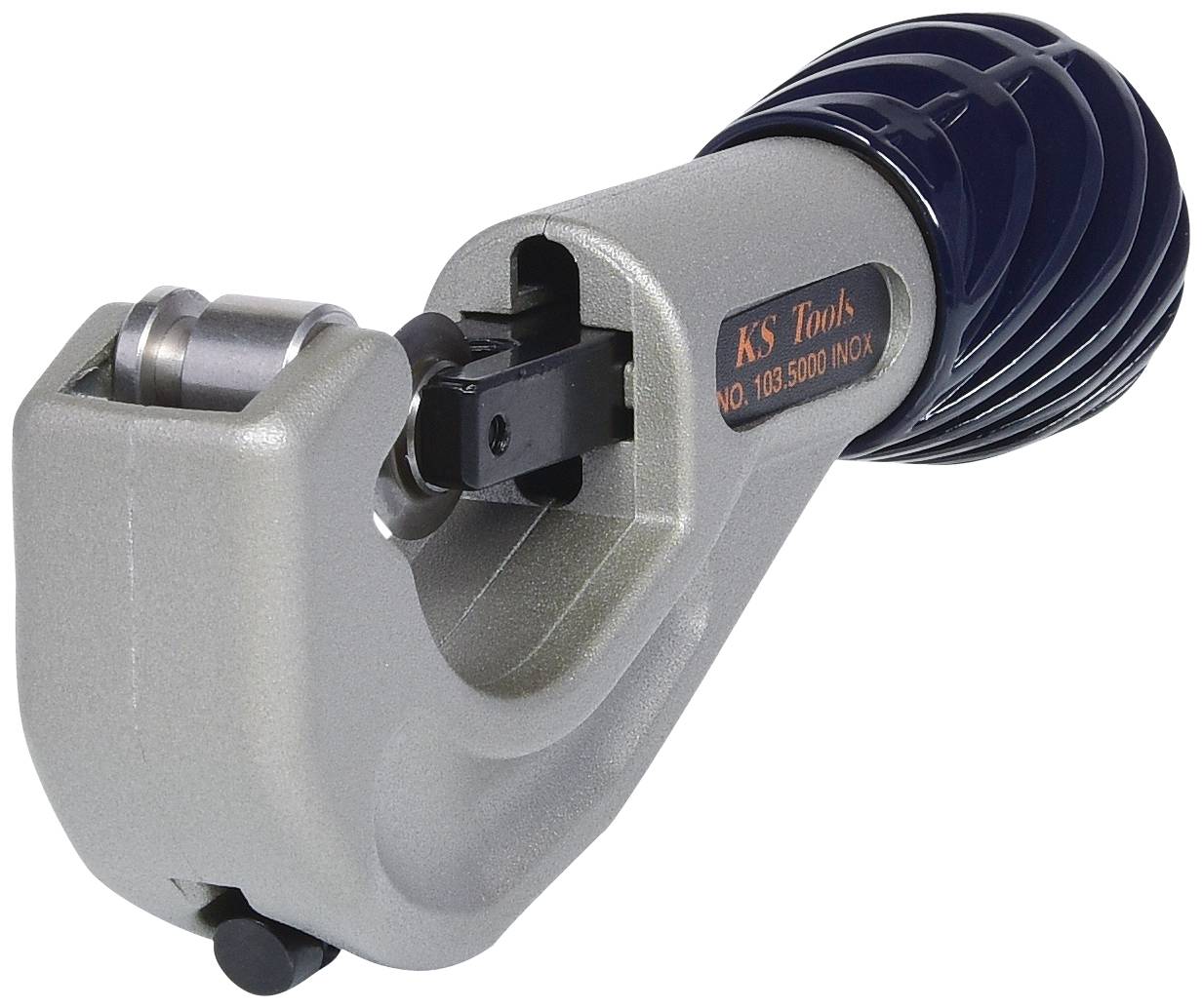 Un coupe-tube en métal avec une poignée ergonomique, adapté pour couper des tubes métalliques. Marquage de marque : 'KS Tools'.
