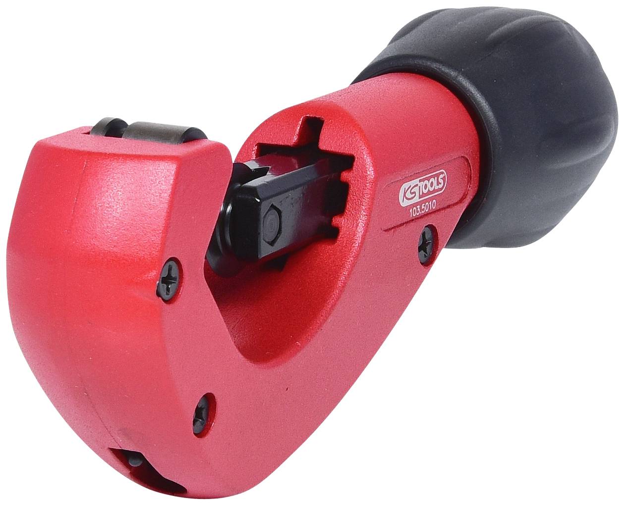 Outil de coupe-tubes rouge avec poignée noire, utilisé pour couper des tuyaux métalliques.