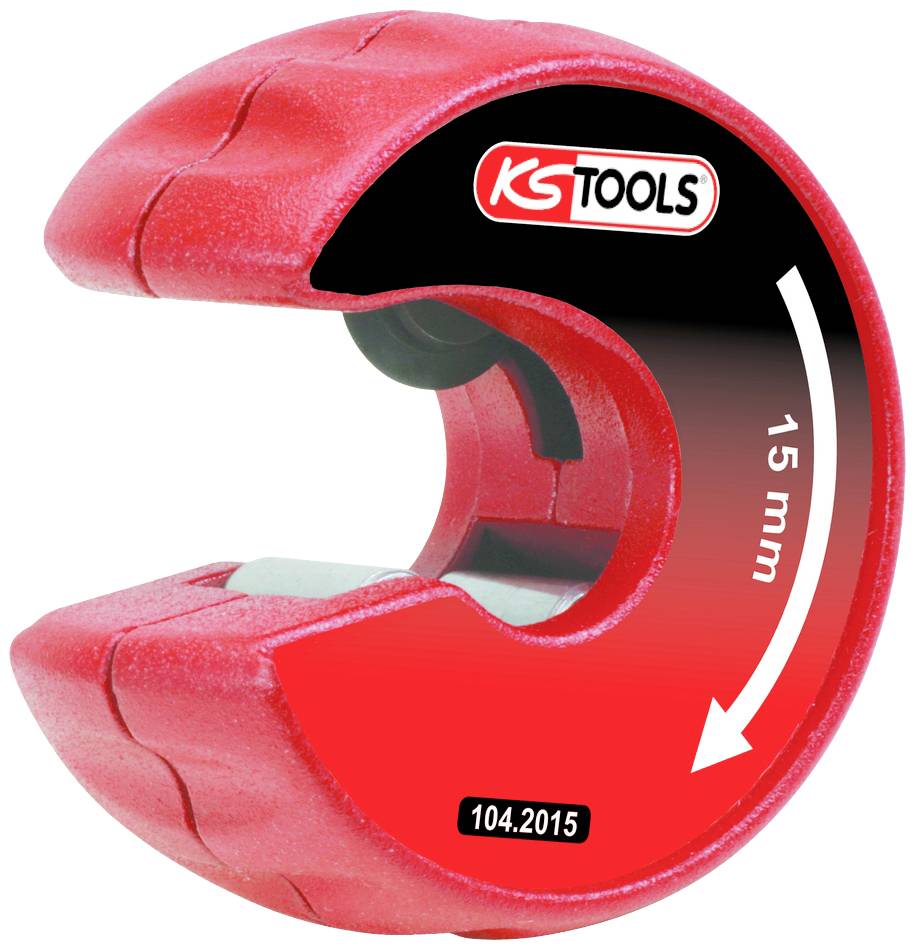 Outil de coupe de tuyaux rouge avec logo noir de KS Tools, adapté pour les tuyaux de 15 mm.