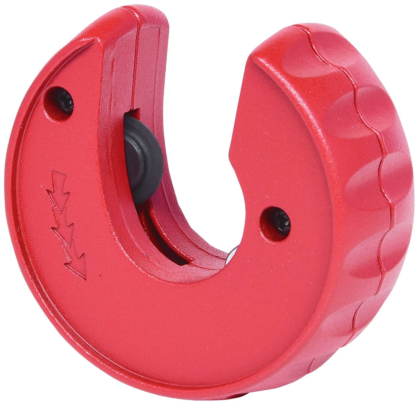 Outil de coupe de tuyaux rouge avec poignée circulaire et lame noire, adapté pour couper des tuyaux en différents matériaux.