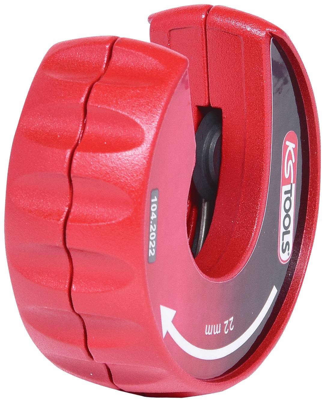 Outil de coupe rotatif rouge pour couper des tuyaux en plastique. Affiche une échelle de mesure et un marquage '22 mm'. Adapté pour des coupes précises.
