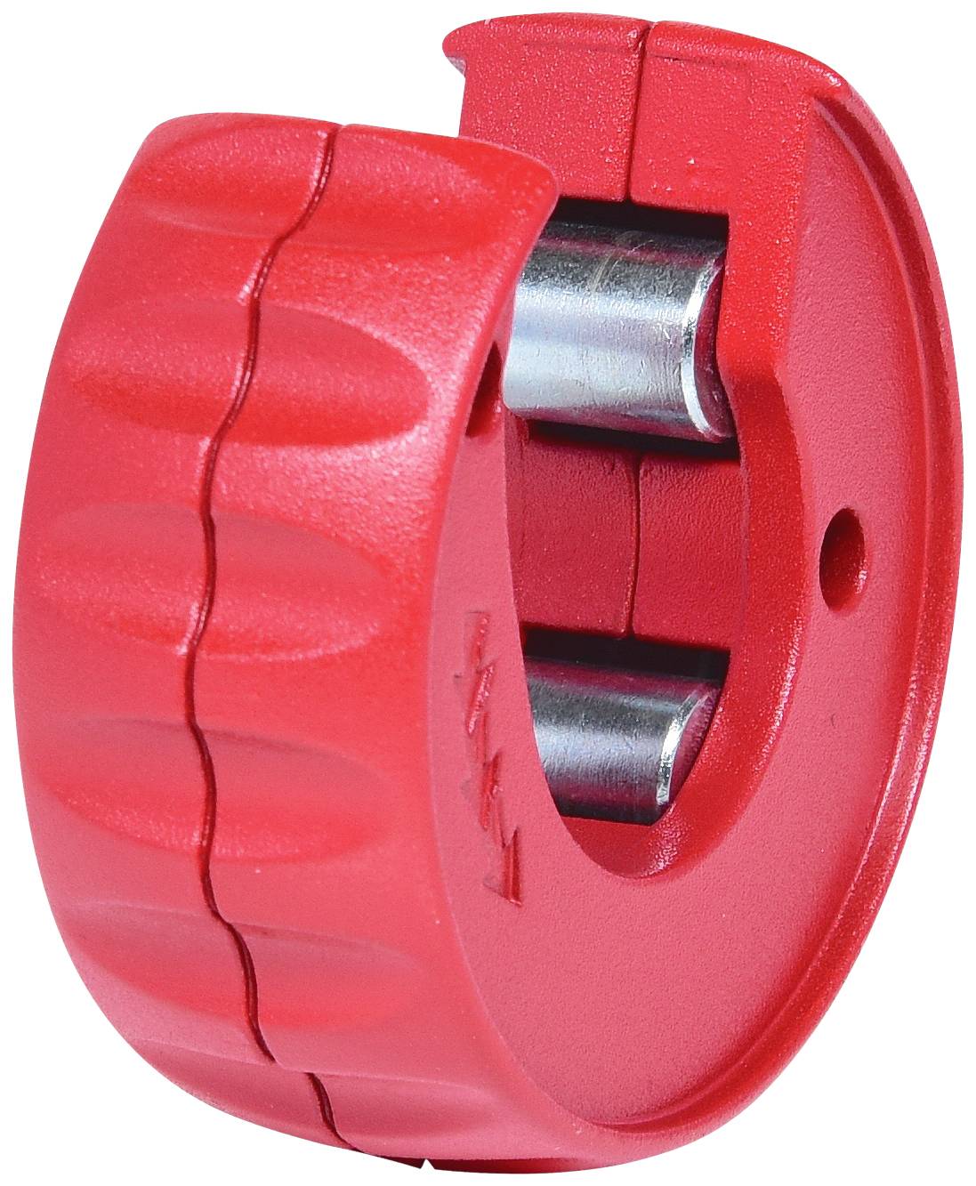 Coupe-tube rotatif rouge avec deux rouleaux de coupe intégrés, adapté pour la coupe précise des tubes.