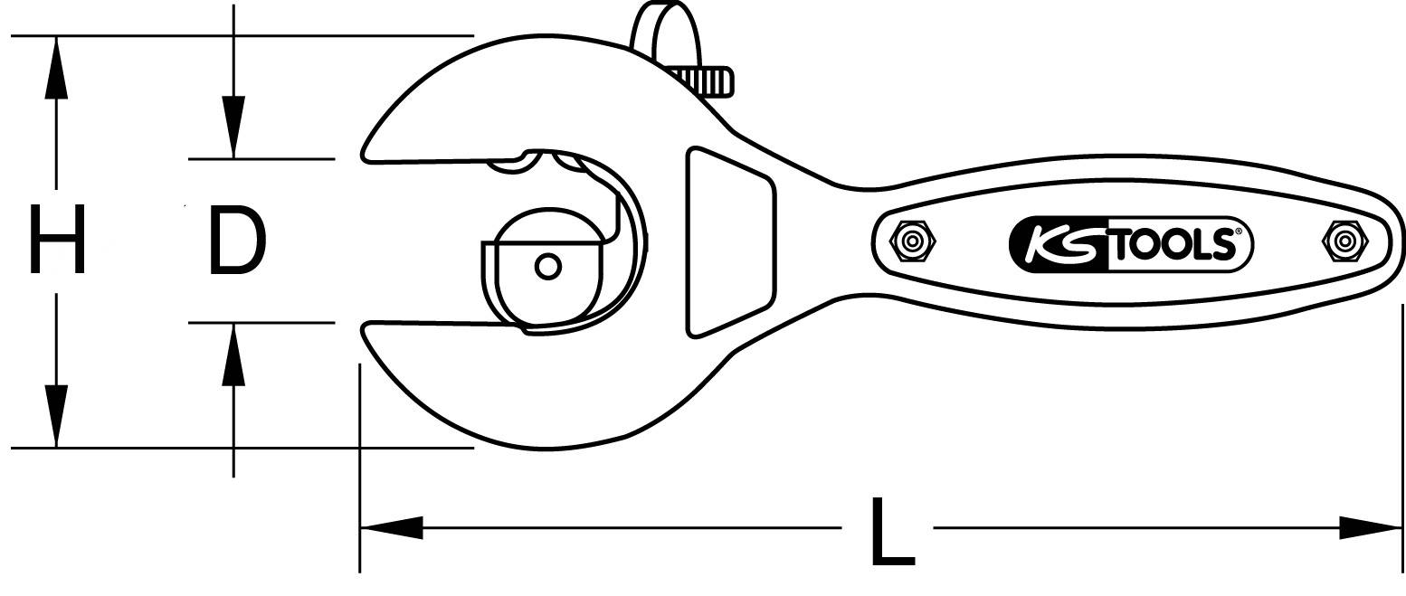 Un dessin d'une clé à molette réglable avec des dimensions marquées : H (hauteur), D (largeur), L (longueur). Logo KS Tools sur la poignée.