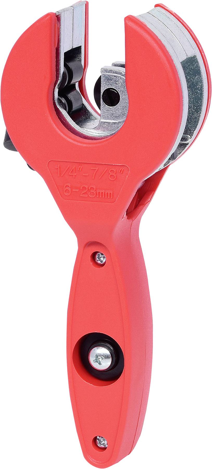 Coupe-tube rouge, compact et maniable, doté de poignées ergonomiques et de lames à l'avant, adapté aux tuyaux de diamètre 6-25 mm.