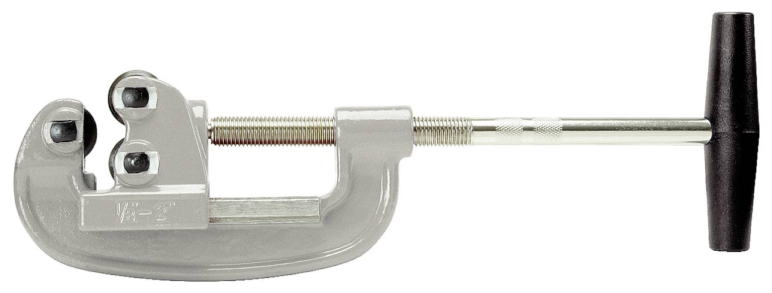 Coupe-tube en métal avec poignée en T, utilisé pour couper des tubes ou des barres. Fabriqué en métal argenté, actionné mécaniquement.