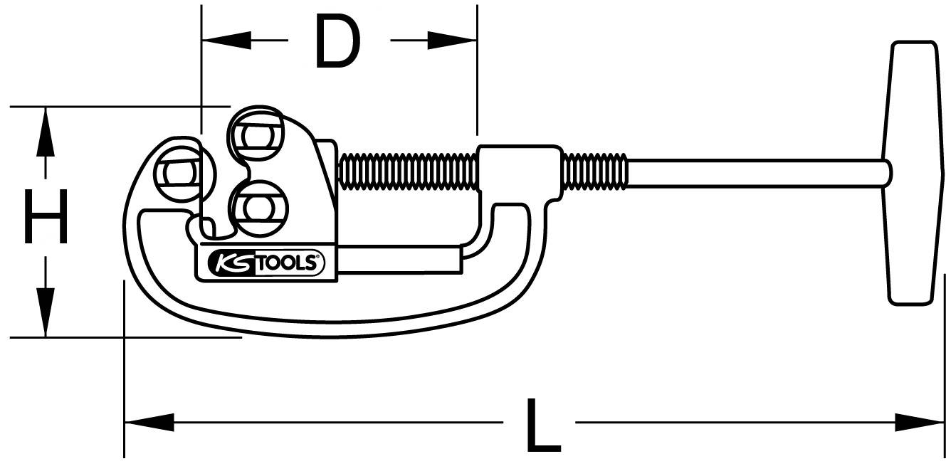 Un dessin d'un outil avec les dimensions H (hauteur), D (profondeur) et L (longueur). Il s'agit d'un coupe-tube.