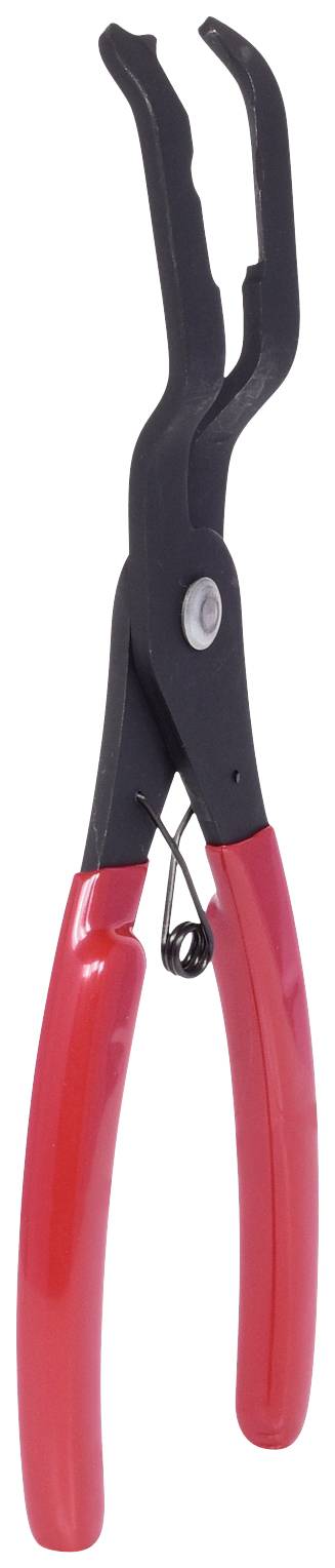 Pince à circlips rouge et noire avec des pointes recourbées, adaptée au retrait des circlips ou à des applications similaires en mécanique.