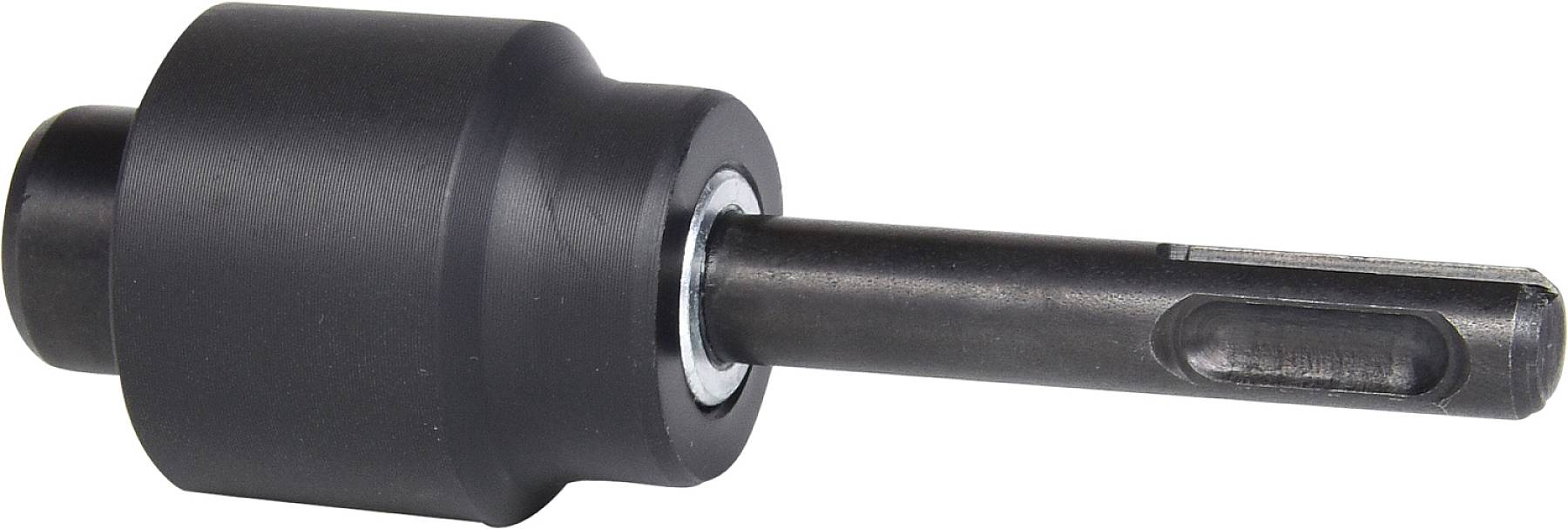 Un accessoire de perceuse noir à surface lisse, doté d'un mandrin pour se fixer dans une machine.