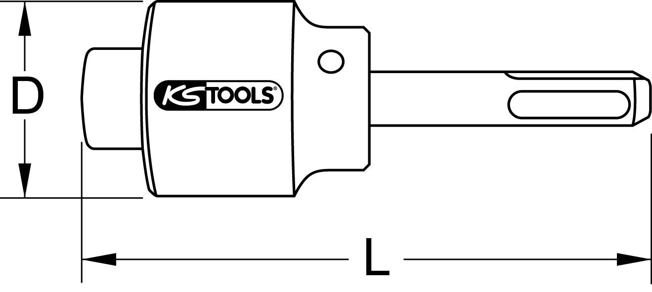 Diagramme de clé de forage avec dimensions 'D' et 'L', montrant une vue latérale d'un outil avec une poignée et le logo KS Tools.