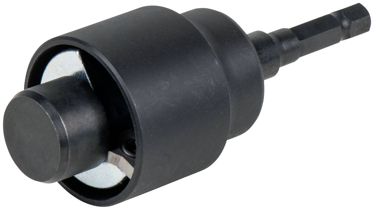 Outil métallique noir avec une tête cylindrique et un embout hexagonal, souvent utilisé pour des travaux de précision ou des perçages.