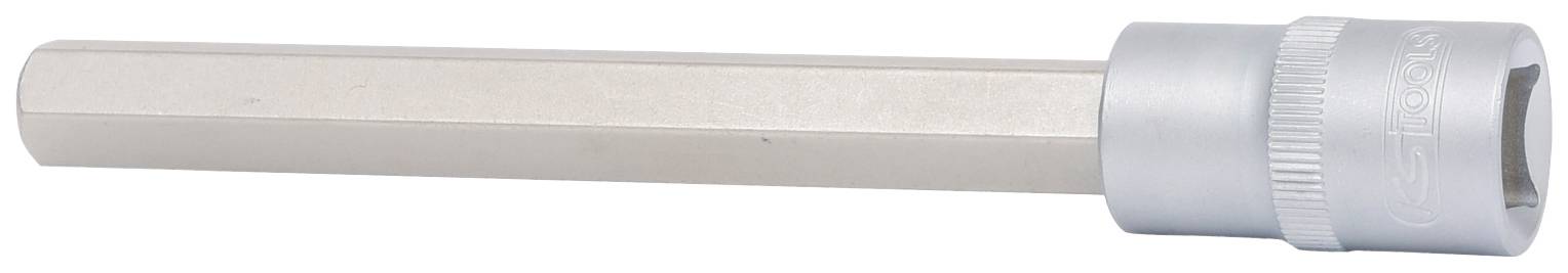 Une clé à cliquet en argent avec un long manche hexagonal et un mandrin cylindrique, vue de côté.