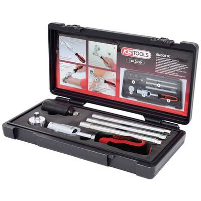 Boîte à outils ouverte. Contient une clé dynamométrique, des rallonges et des adaptateurs. Notice d'instructions sur le couvercle.