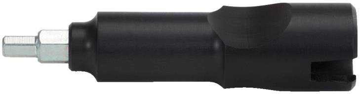 Un embout cylindrique noir en métal avec un raccord hexagonal à gauche et une ouverture courbe à droite.