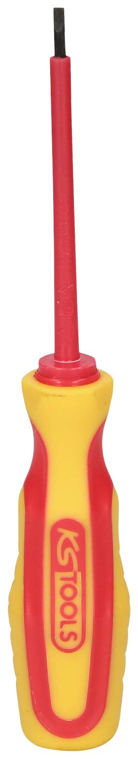 Un petit tournevis cruciforme jaune et rouge avec manche isolé, adapté aux travaux d'installations électriques.