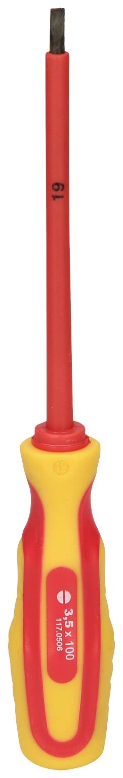 Un tournevis isolé avec une poignée rouge et un revêtement jaune, adapté aux travaux électriques.
