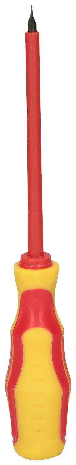 Un tournevis jaune et rouge à manche isolé et lame étroite, adapté aux travaux sur des appareils électriques.