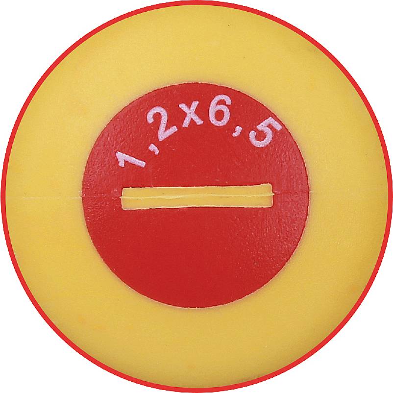 Objet rond jaune avec un centre rouge, portant les chiffres '1,2x6,5' et une ligne.