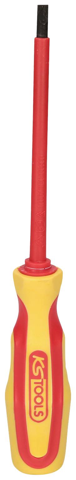 Un tournevis isolé à poignée rouge et accents jaunes, utilisé pour les travaux électriques et offrant une protection supplémentaire.