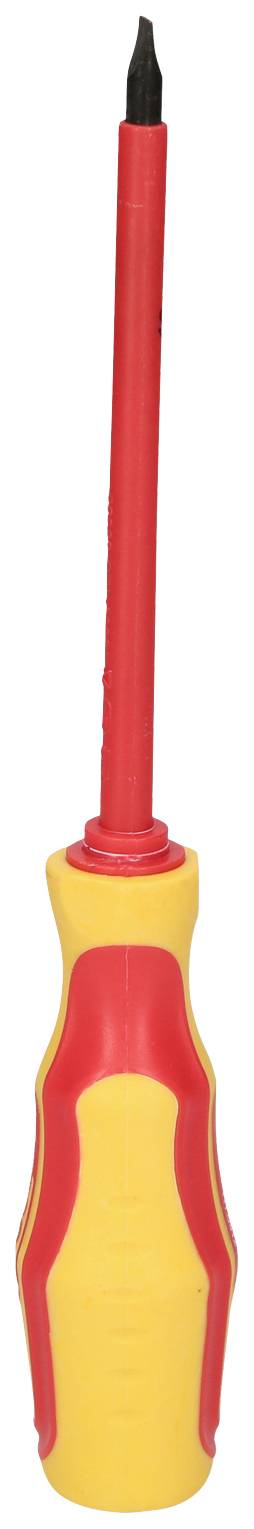 Un tournevis à fente jaune et rouge, isolé pour les travaux électriques, avec une poignée étroite et un embout noir.