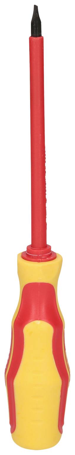 Un tournevis rouge et jaune avec manche isolé, adapté aux travaux sur des appareils électriques.