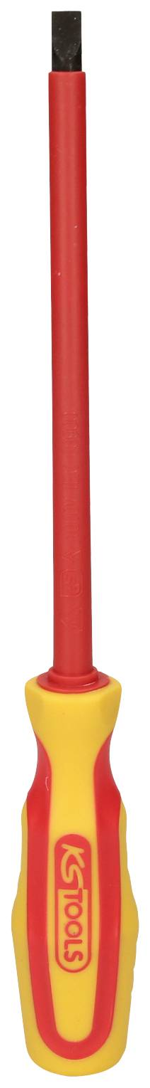 Un tournevis isolé, rouge et jaune, à pointe plate, adapté aux travaux électriques.