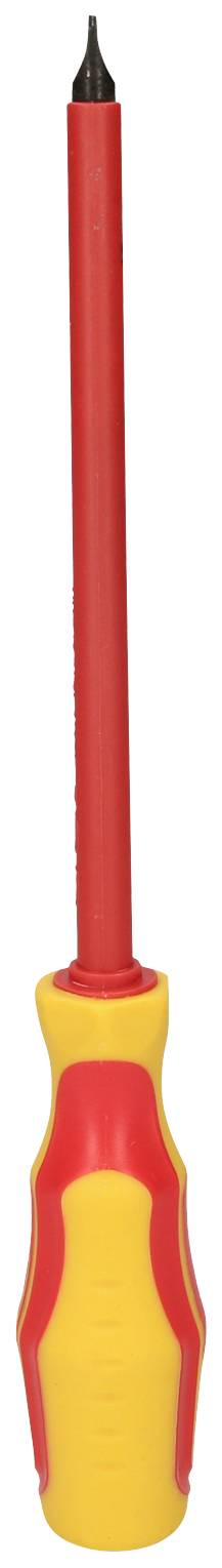 Un tournevis isolé avec une poignée rouge et un manche jaune, adapté aux travaux sous tension.
