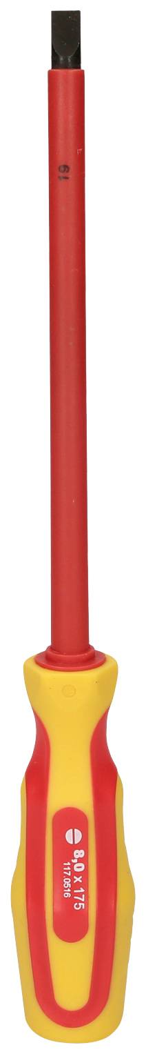 Un tournevis isolé à fente, avec poignée rouge et jaune, adapté aux travaux électrotechniques.
