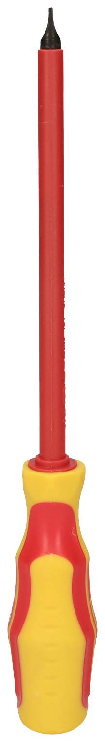 Un tournevis isolé avec un manche rouge et un embout jaune, adapté aux travaux électriques.