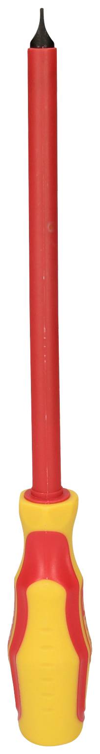 Un tournevis rouge et jaune avec une poignée isolée, adapté aux travaux électriques, est posé verticalement devant un fond blanc.