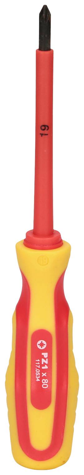 Un tournevis isolé avec une poignée rouge et jaune, adapté aux travaux sur des appareils électriques.
