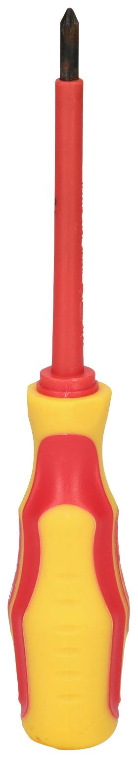 Un tournevis cruciforme isolé avec une poignée rouge et jaune, adapté aux travaux électriques.