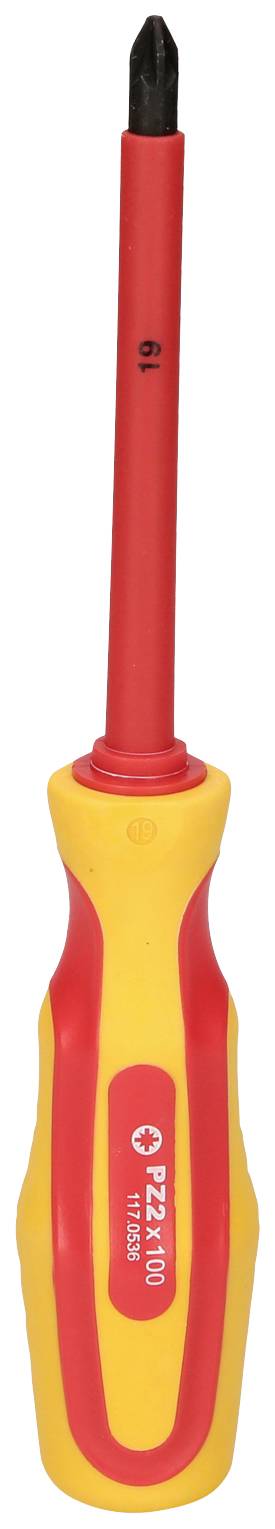 Un tournevis à manche rouge et jaune, adapté pour les vis Pozidriv.