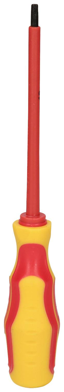 Un tournevis isolé jaune et rouge avec un manche long et étroit et un embout noir, adapté aux travaux électriques.