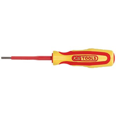 Un tournevis avec une poignée jaune et rouge portant l'inscription 'KS TOOLS', adapté pour des travaux précis, isolé à des fins de sécurité.