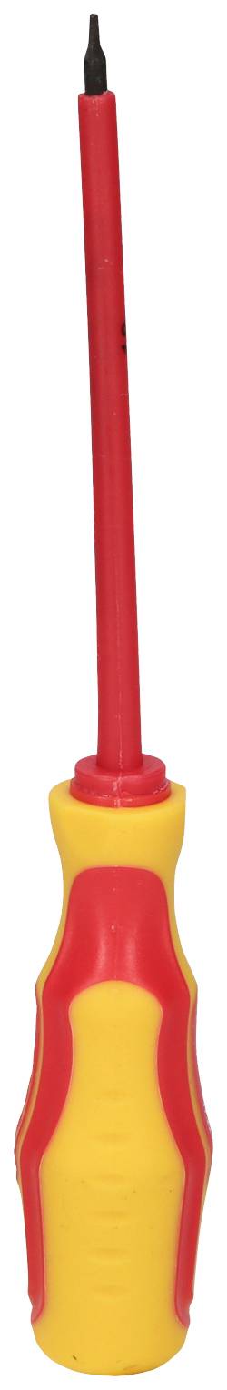Un tournevis jaune et rouge avec une poignée isolée et un embout noir.