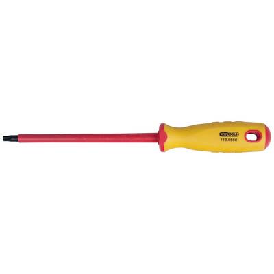 Un tournevis isolé avec un manche rouge et une poignée jaune, adapté aux travaux sur des appareils électriques.