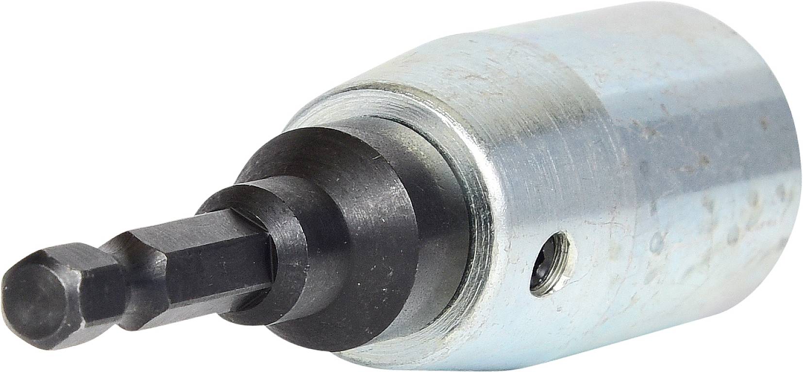 Un embout de tournevis hexagonal en argent avec une tête noire, adapté pour une utilisation avec des perceuses électriques.