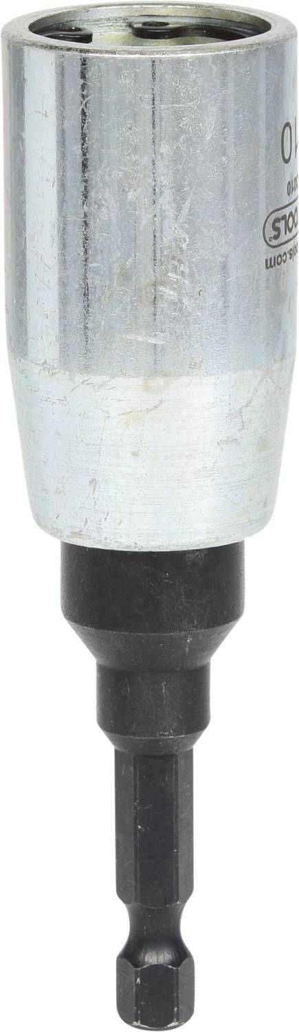 Adaptateur de forage en métal argenté avec tige hexagonale. Utilisé pour insérer et maintenir des embouts dans une perceuse.